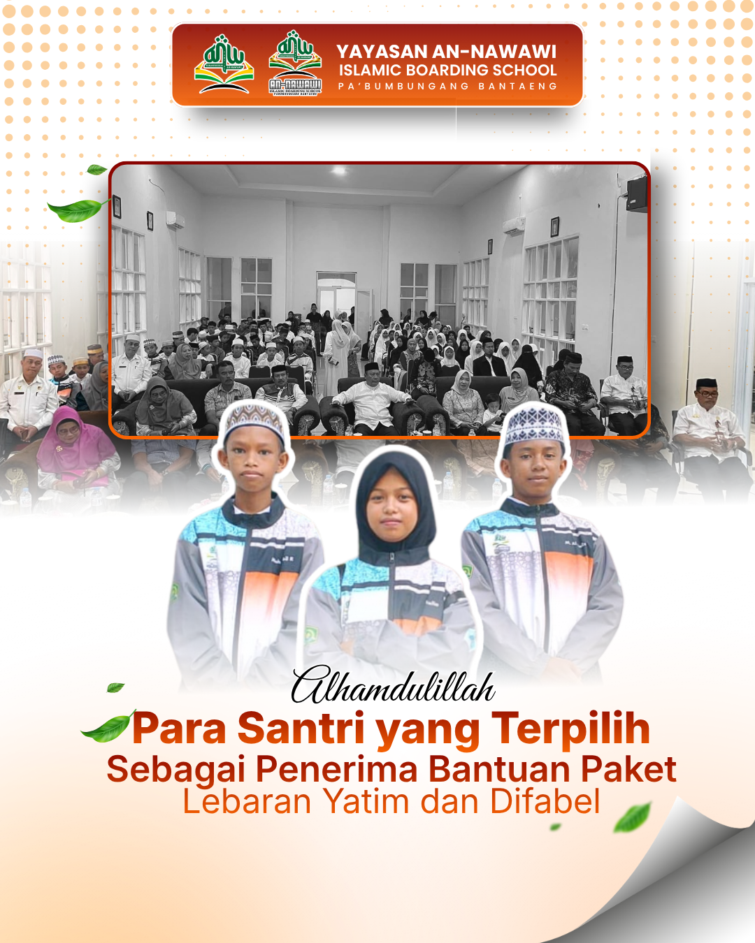 Tiga Santri An-Nawawi Islamic Boarding School Terpilih Sebagai Penerima Bantuan Paket Lebaran Yatim dan Difabel