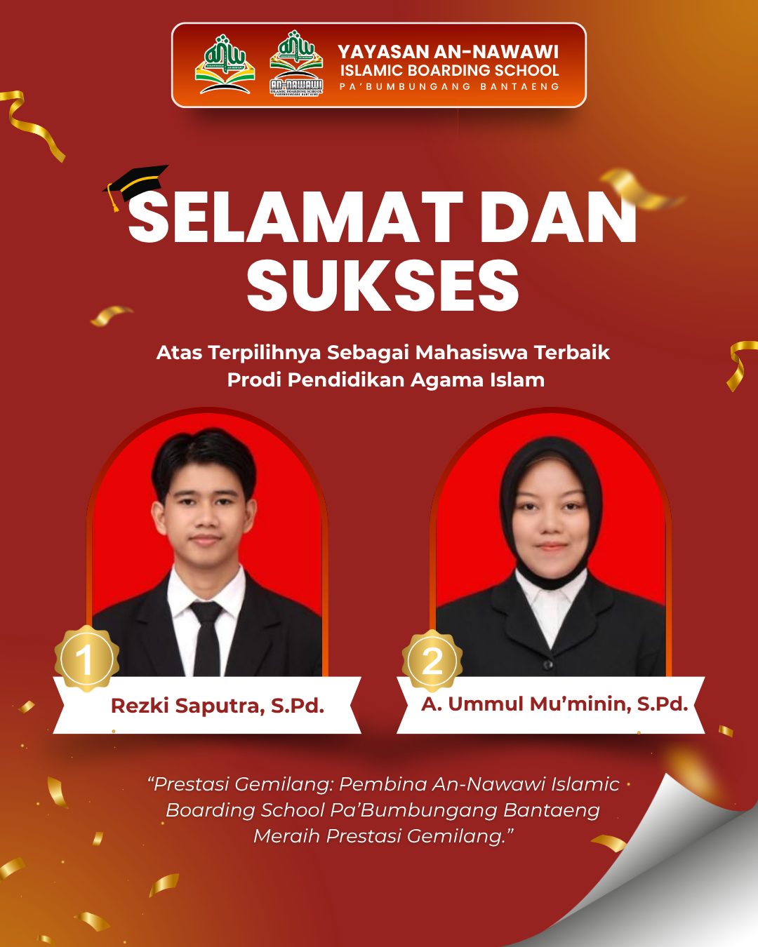 Prestasi Gemilang: Pembina An-Nawawi Islamic Boarding School Pa’Bumbungang Bantaeng Meraih Prestasi Gemilang