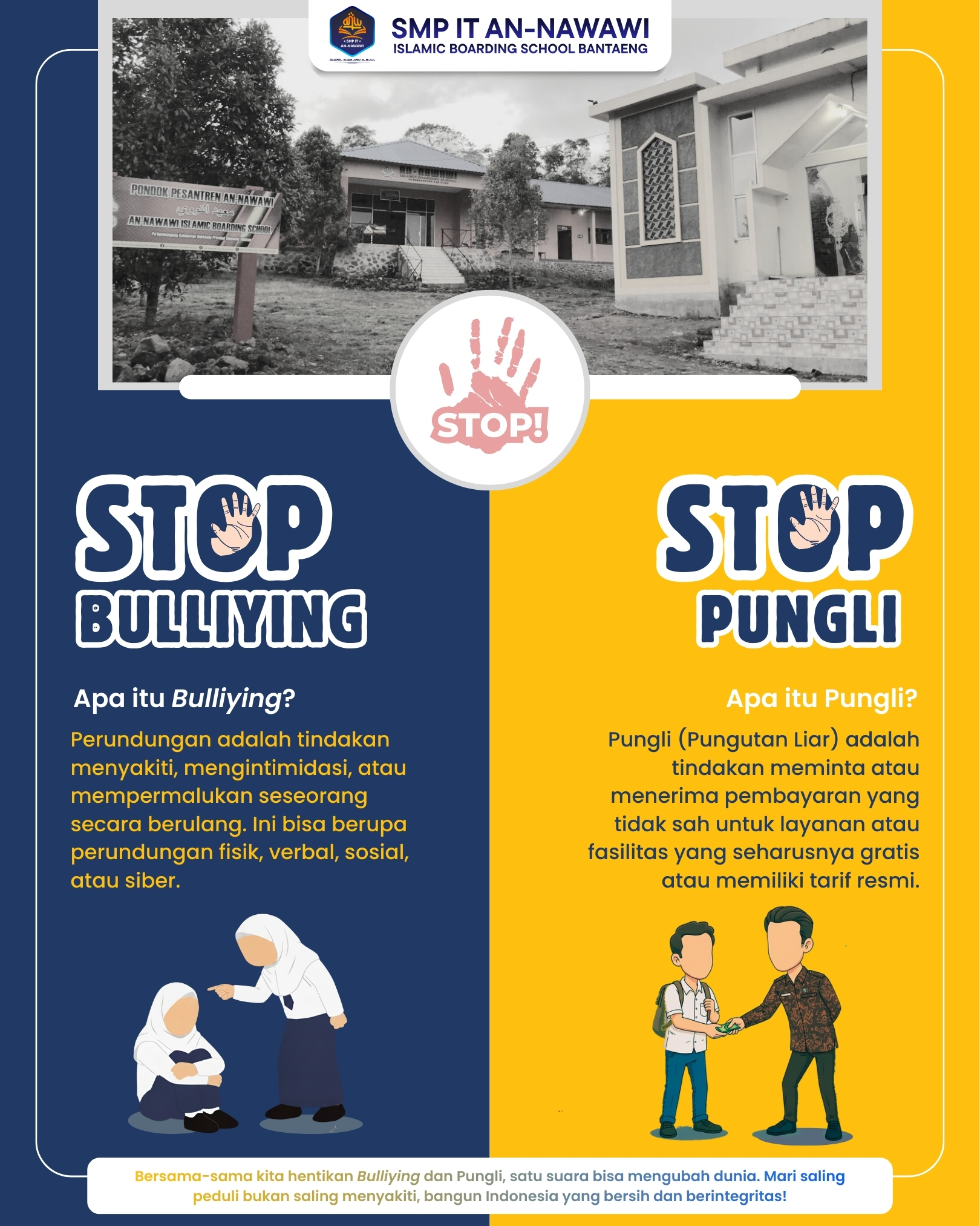 Membangun Generasi Qur'ani dan Berakhlak Karimah, SMP IT An-Nawawi Islamic Boarding School Membuat Gerakan Anti Bullying & Pungli. Berikut Ulasannya.....